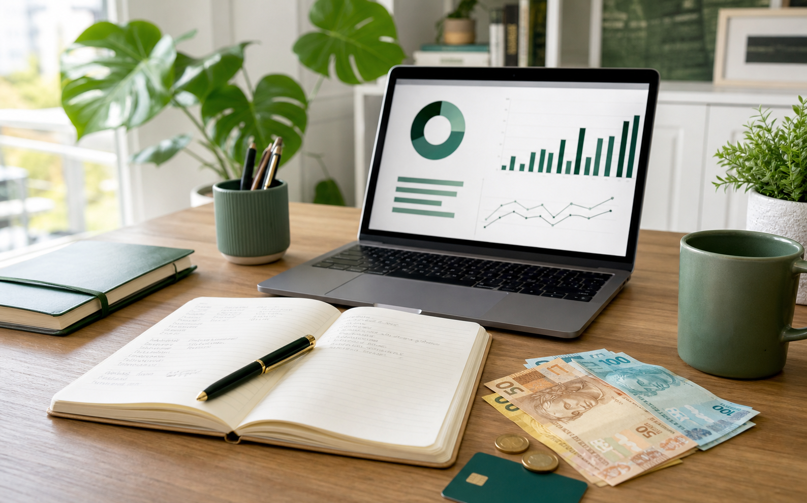 Mesa organizada com notebook, caderno, gráficos e dinheiro para planejamento financeiro
