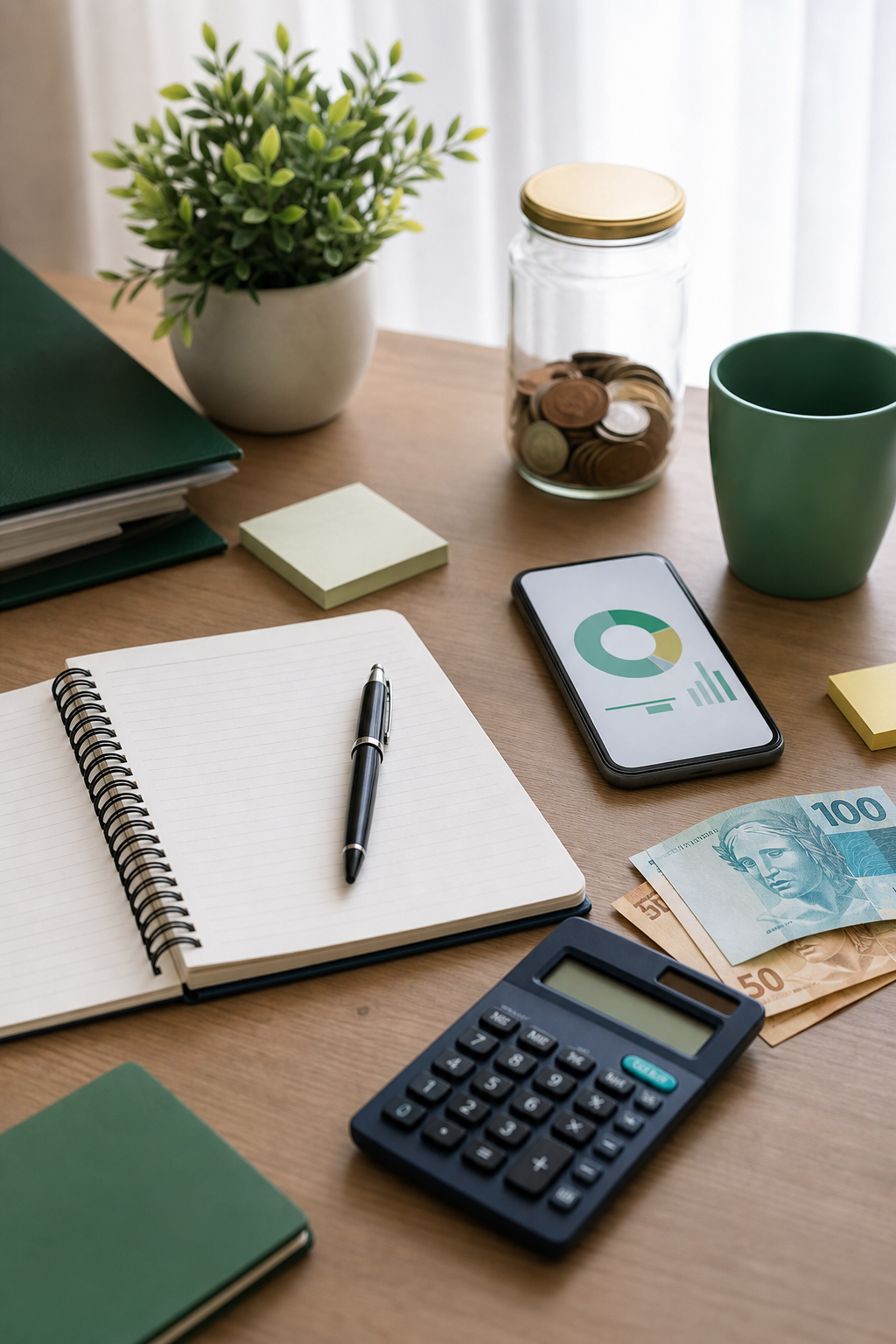Caderno, calculadora e dinheiro organizados para planejamento financeiro